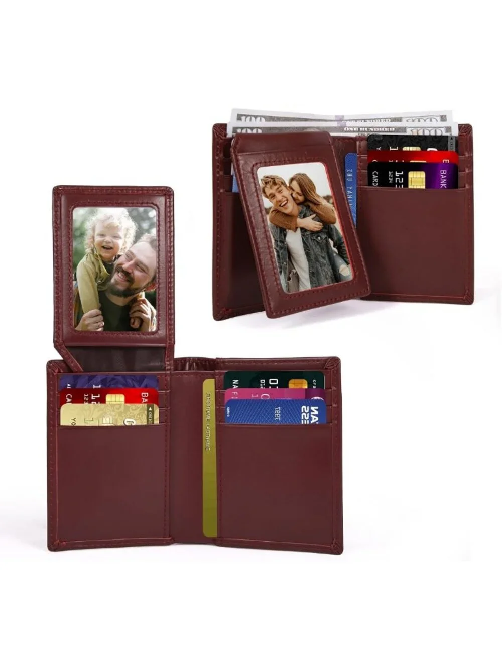 RFID Blocking Genuine Leather Bifold Wallet for Men with 2 ID Windows - Red